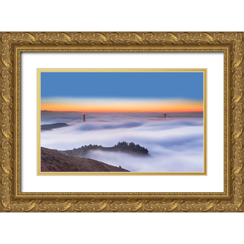The Golden Gate Bridge In The Fog Gold Ornate Wood Framed Art Print with Double Matting by Qiu, Jenny