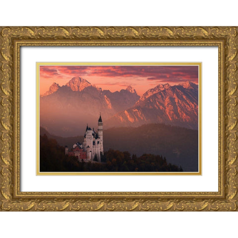Red Morning Above The Castle Gold Ornate Wood Framed Art Print with Double Matting by Rericha, Daniel
