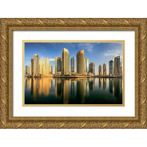 Panoramic Dubai Marina Gold Ornate Wood Framed Art Print with Double Matting by Shamaa, Mohammed