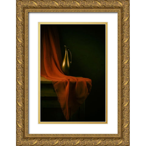Still Life With A Red Cloth Gold Ornate Wood Framed Art Print with Double Matting by magnola