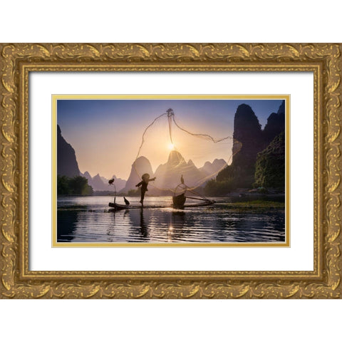 Fishing The Sun Gold Ornate Wood Framed Art Print with Double Matting by M. Garcia, Jesus