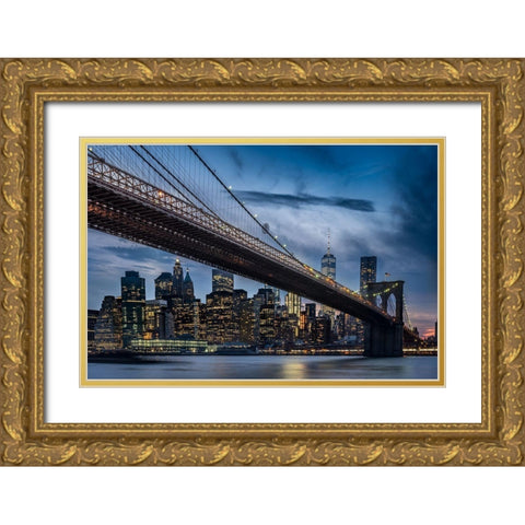 Manhattan From Dumbo Gold Ornate Wood Framed Art Print with Double Matting by Ozmen, Ilker
