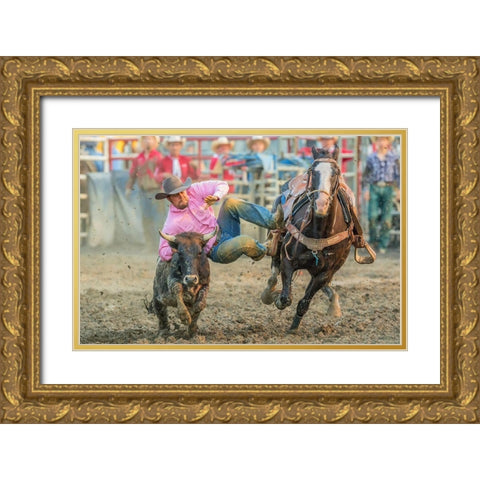 Steer Wrestling Gold Ornate Wood Framed Art Print with Double Matting by Hua, David