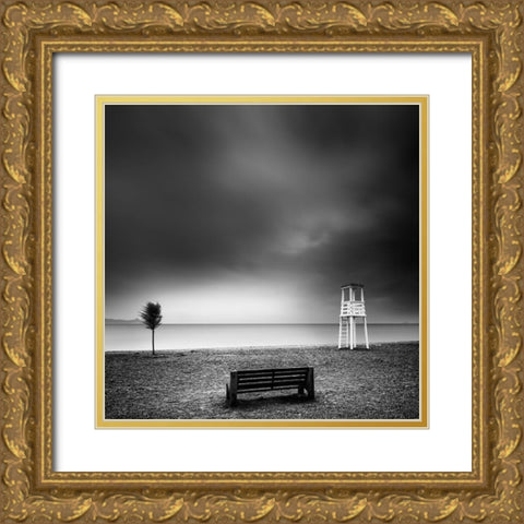 Bench On The Beach Gold Ornate Wood Framed Art Print with Double Matting by Digalakis, George