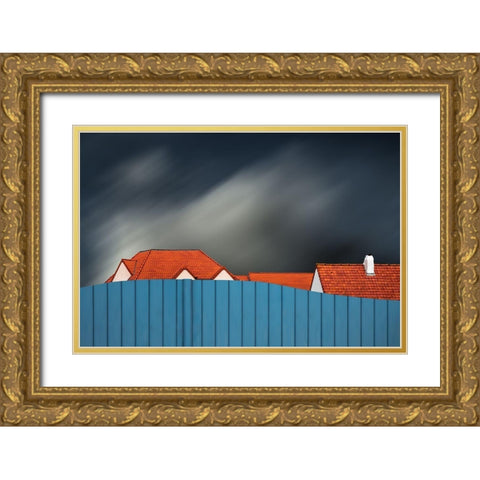Living Behind The Fence Gold Ornate Wood Framed Art Print with Double Matting by Claes, Gilbert