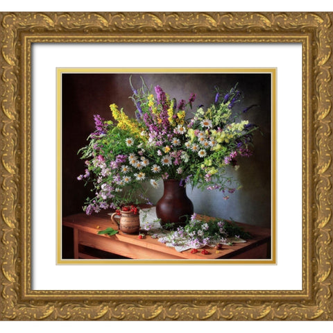 Still Life With Wildflowers And Berries Gold Ornate Wood Framed Art Print with Double Matting by Skorokhod, Tatyana
