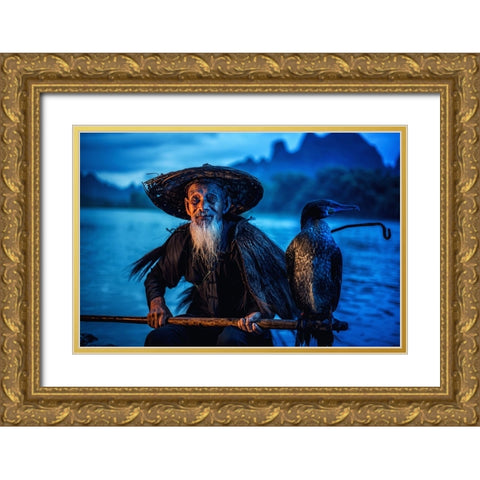 Cormorant Fisherman Gold Ornate Wood Framed Art Print with Double Matting by Whanset, Chanwit