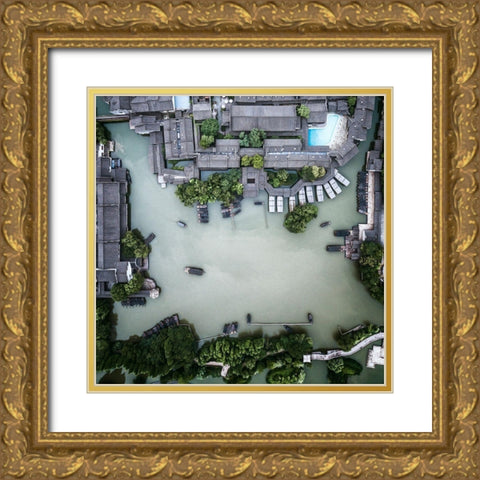 Millennium Ancient Town Gold Ornate Wood Framed Art Print with Double Matting by Chengzhou, Zhou