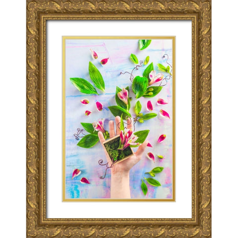 Hand Full Of Spring Gold Ornate Wood Framed Art Print with Double Matting by Belenko, Dina