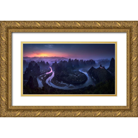 Good Morning From Damianshan - China Gold Ornate Wood Framed Art Print with Double Matting by M. Garcia, Jesus