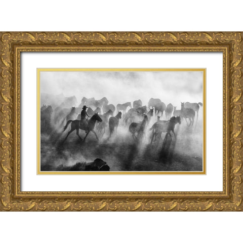 Wild Horses Gold Ornate Wood Framed Art Print with Double Matting by Bedir, Mehmet