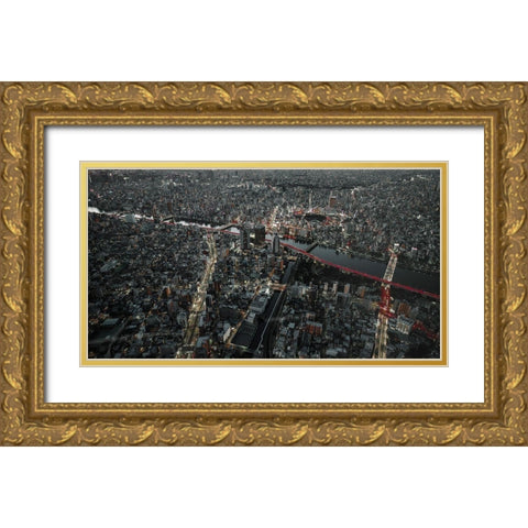 Red Line In The Dark Tokyo. Gold Ornate Wood Framed Art Print with Double Matting by Chiriaco, Carmine