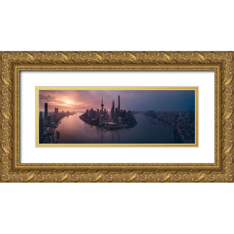 Flying Shanghai Gold Ornate Wood Framed Art Print with Double Matting by De La, Javier