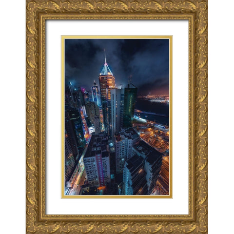 Flying Hong Kong Gold Ornate Wood Framed Art Print with Double Matting by De La, Javier