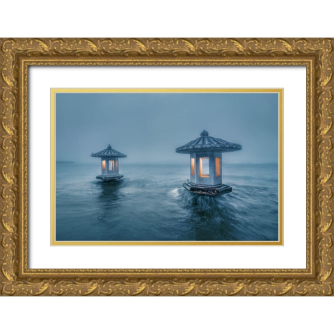 Chuiguang Pavilion Gold Ornate Wood Framed Art Print with Double Matting by Liwulei