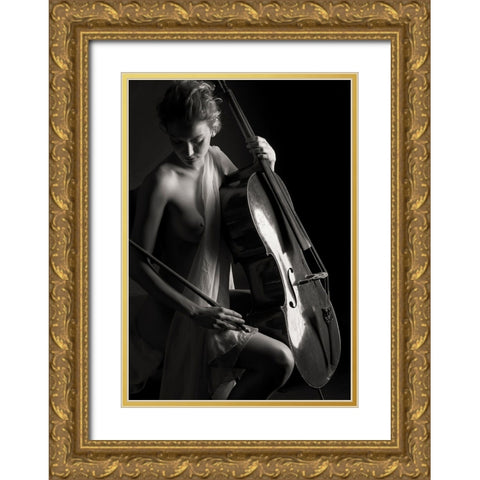 The Girl With Cello Gold Ornate Wood Framed Art Print with Double Matting by Yang, James