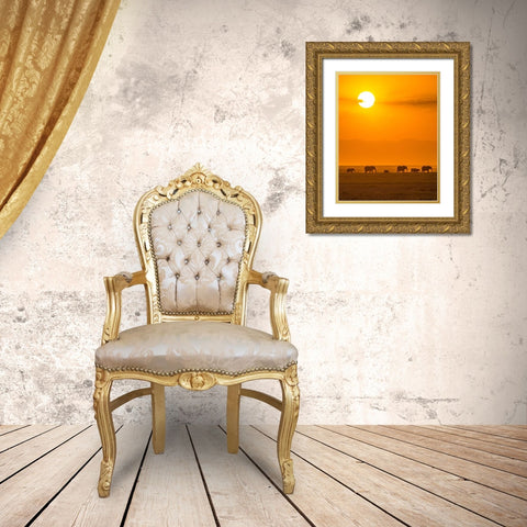 Elephants At Sunset Gold Ornate Wood Framed Art Print with Double Matting by Taylor, Ted