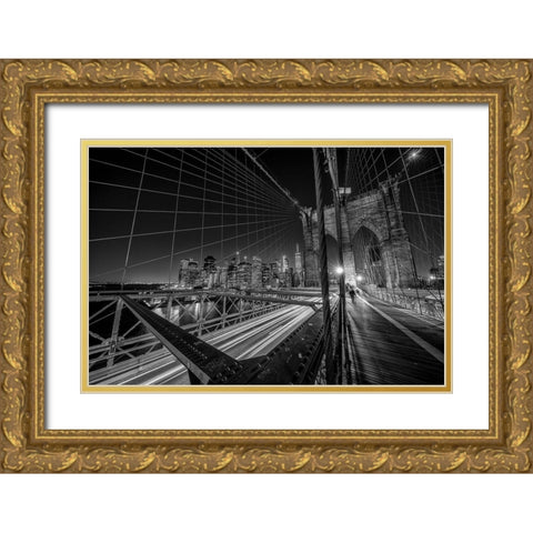 Brooklyn Bridge Lights Gold Ornate Wood Framed Art Print with Double Matting by Schilbe, Stefan