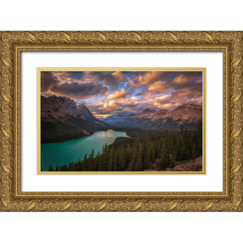 Peyto Lake At Dusk Gold Ornate Wood Framed Art Print with Double Matting by Zheng, Michael