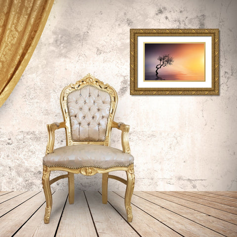 Tree At Lake Gold Ornate Wood Framed Art Print with Double Matting by Hamiti, Bess
