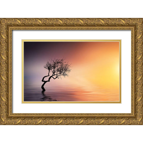 Tree At Lake Gold Ornate Wood Framed Art Print with Double Matting by Hamiti, Bess