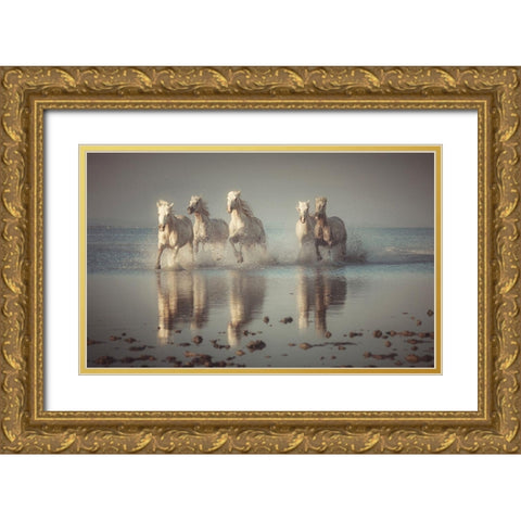 Camargue Horses Gold Ornate Wood Framed Art Print with Double Matting by Anton, Rostovskiy