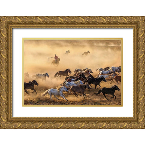 Horse Run Gold Ornate Wood Framed Art Print with Double Matting by Wong, Adam