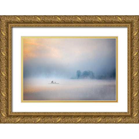 Foggy Lake Gold Ornate Wood Framed Art Print with Double Matting by Cloud, Mountain