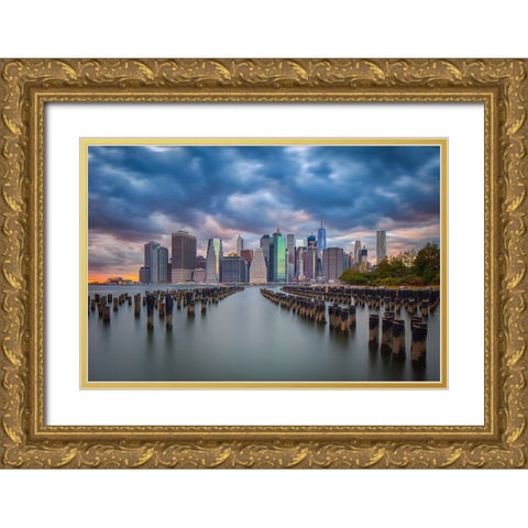 Manhattan Gold Ornate Wood Framed Art Print with Double Matting by Zheng, Michael