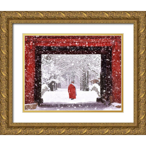 Monk In Snowy Day Gold Ornate Wood Framed Art Print with Double Matting by Namkoong, Bongok