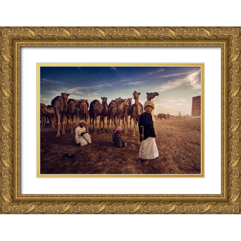 Boys With Camles Gold Ornate Wood Framed Art Print with Double Matting by Nid