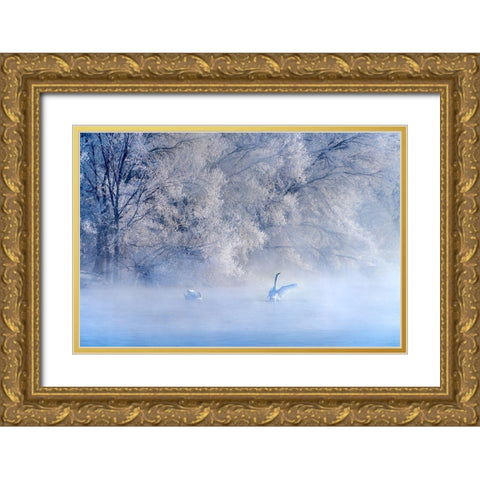 Swan Lake Gold Ornate Wood Framed Art Print with Double Matting by Zhu, Hua