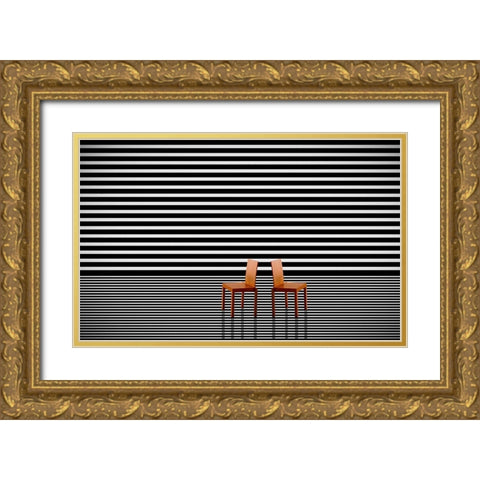 Two Red Chairs Gold Ornate Wood Framed Art Print with Double Matting by Schuster, Inge