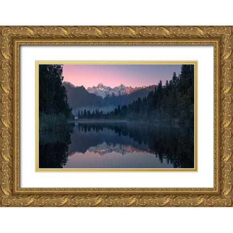 Lake Matheson Gold Ornate Wood Framed Art Print with Double Matting by Zhu, Jingshu