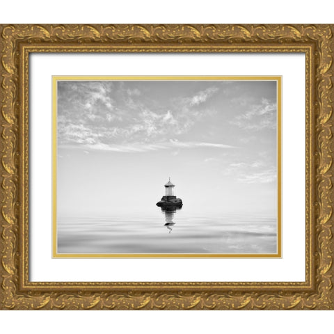 Lighthouse In Mist Gold Ornate Wood Framed Art Print with Double Matting by Lindsten, Christian