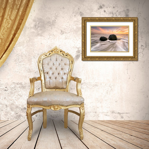 Moeraki Boulders Gold Ornate Wood Framed Art Print with Double Matting by Zhu, Jingshu
