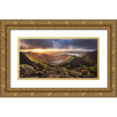 Azores - Sete Cidades Sunset Panorama Gold Ornate Wood Framed Art Print with Double Matting by Claude Castor, Jean