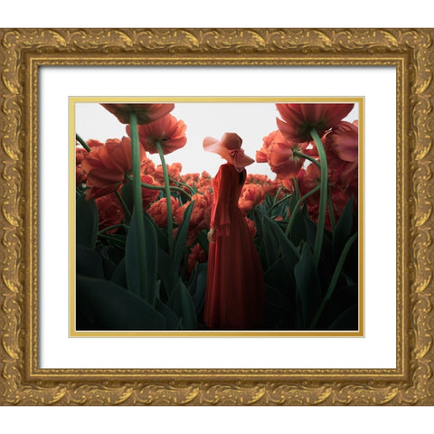 Woman And Flower Gold Ornate Wood Framed Art Print with Double Matting by Shanyewuyu