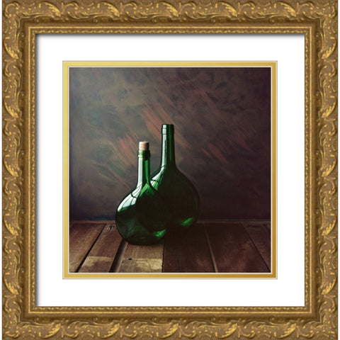 Two Green Bottles Gold Ornate Wood Framed Art Print with Double Matting by Laercio, Luiz
