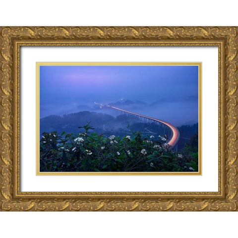 Bridge In Blue Hour Gold Ornate Wood Framed Art Print with Double Matting by Xu, Mei