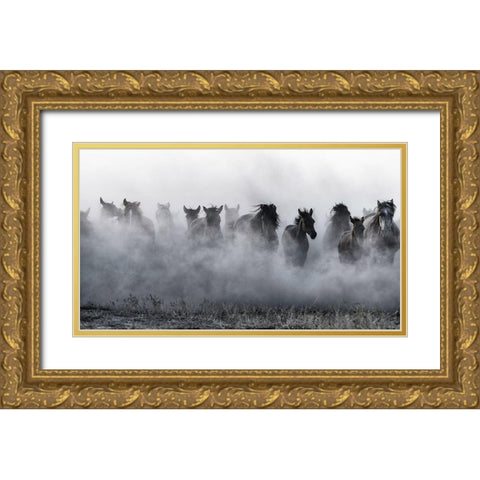 Mustangs Gold Ornate Wood Framed Art Print with Double Matting by Pancareken, Yavuz