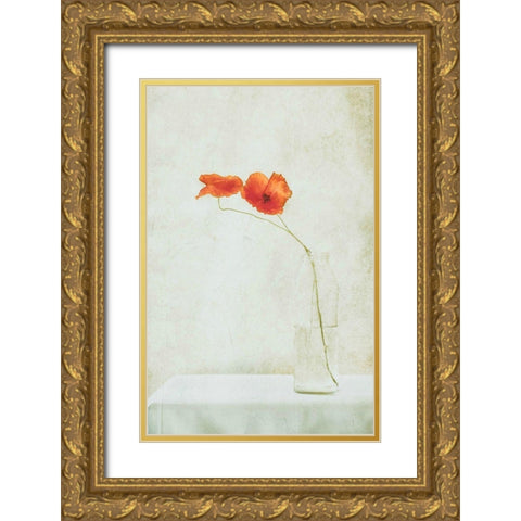 Two Poppies In A Bottle Gold Ornate Wood Framed Art Print with Double Matting by Devos, Delphine