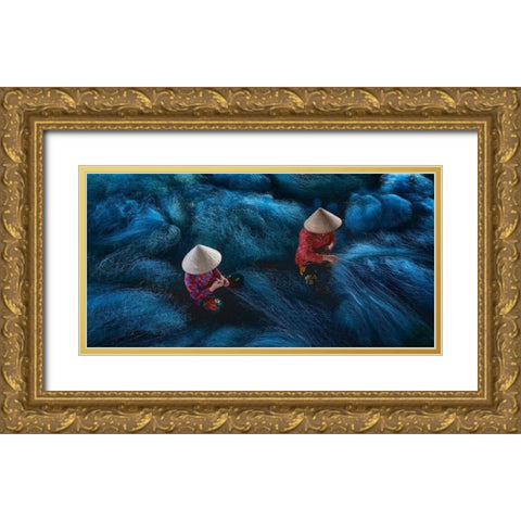 Net Mending Gold Ornate Wood Framed Art Print with Double Matting by De La, Javier