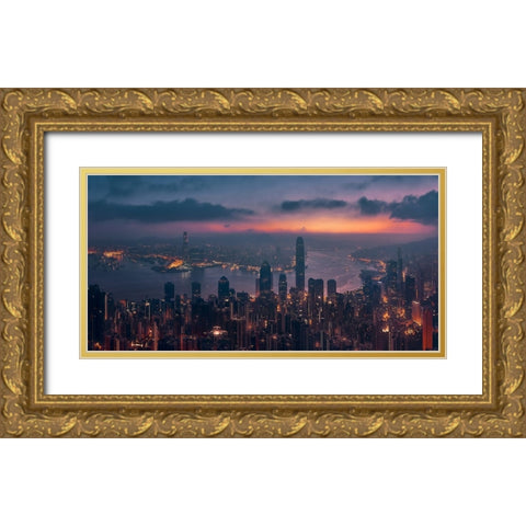 Sunrising Hong Kong Gold Ornate Wood Framed Art Print with Double Matting by De La, Javier