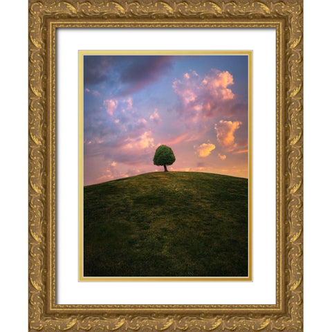 Tree On Hill During Sunset Gold Ornate Wood Framed Art Print with Double Matting by Lindsten, Christian