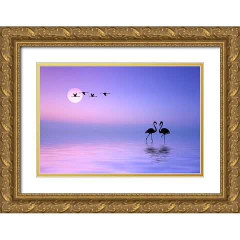 Flying Flamingo Gold Ornate Wood Framed Art Print with Double Matting by Hamiti, Bess