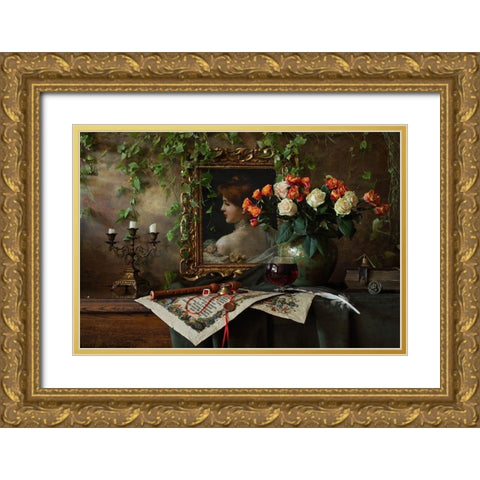 Still Life With Flowers And Picture Gold Ornate Wood Framed Art Print with Double Matting by Morozov, Andrey