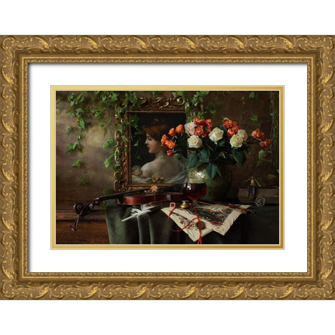 Still Life With Violin And Flowers Gold Ornate Wood Framed Art Print with Double Matting by Morozov, Andrey