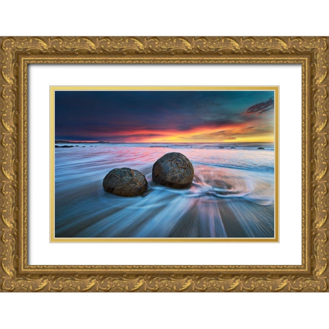 Moeraki Boulders Gold Ornate Wood Framed Art Print with Double Matting by Zhang, Yan