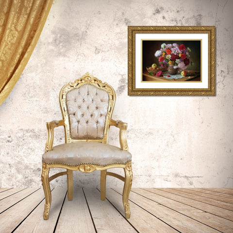 Still Life With A Bouquet Of Flowers And Apples Gold Ornate Wood Framed Art Print with Double Matting by Skorokhod, Tatyana